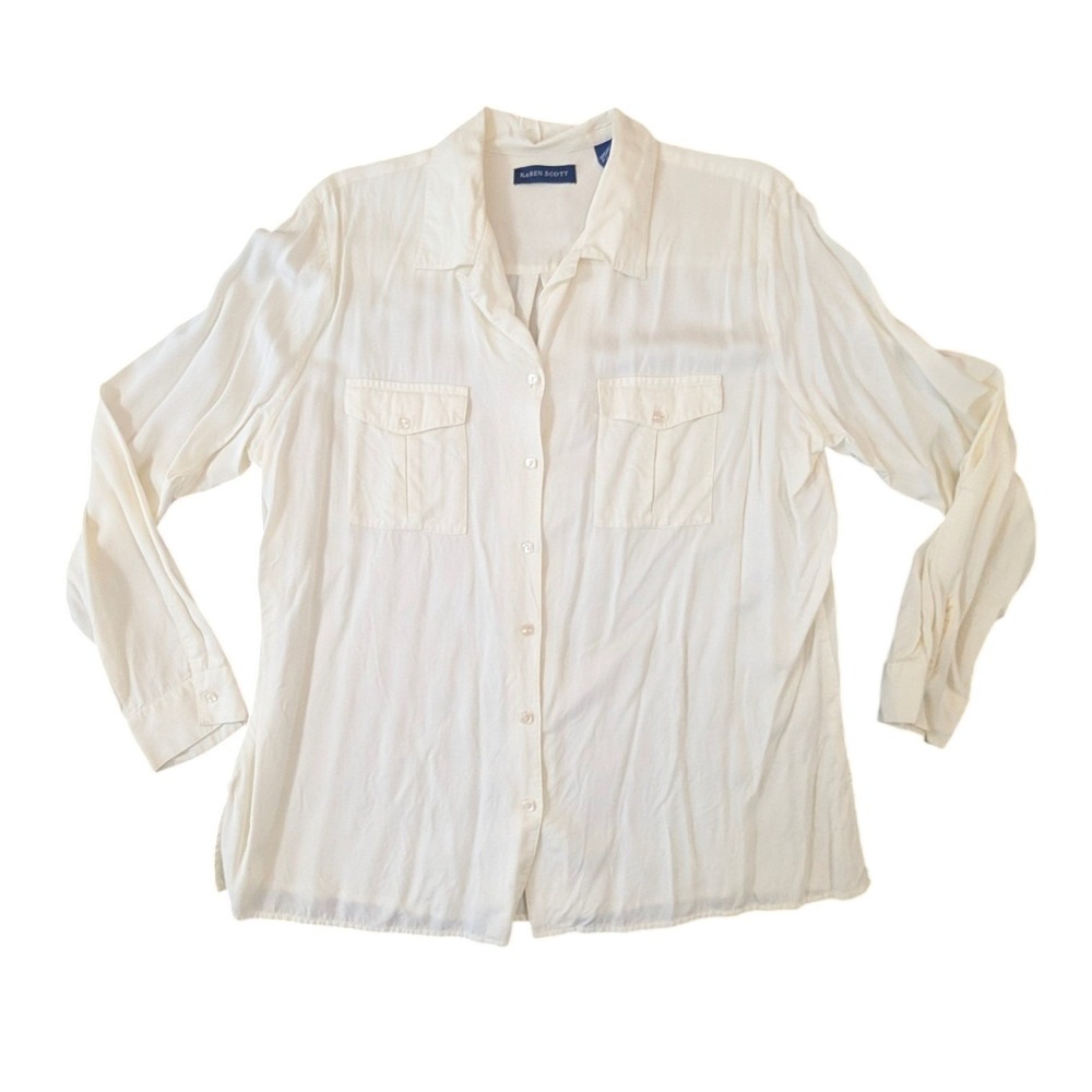 Karen Scott Womens XL White Rayon Button Down Utility Blouse Long Sleeve Shirt